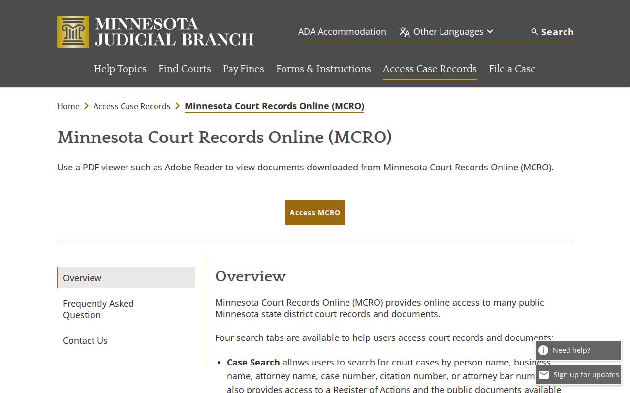Yellow Medicine County court docket MCRO access page