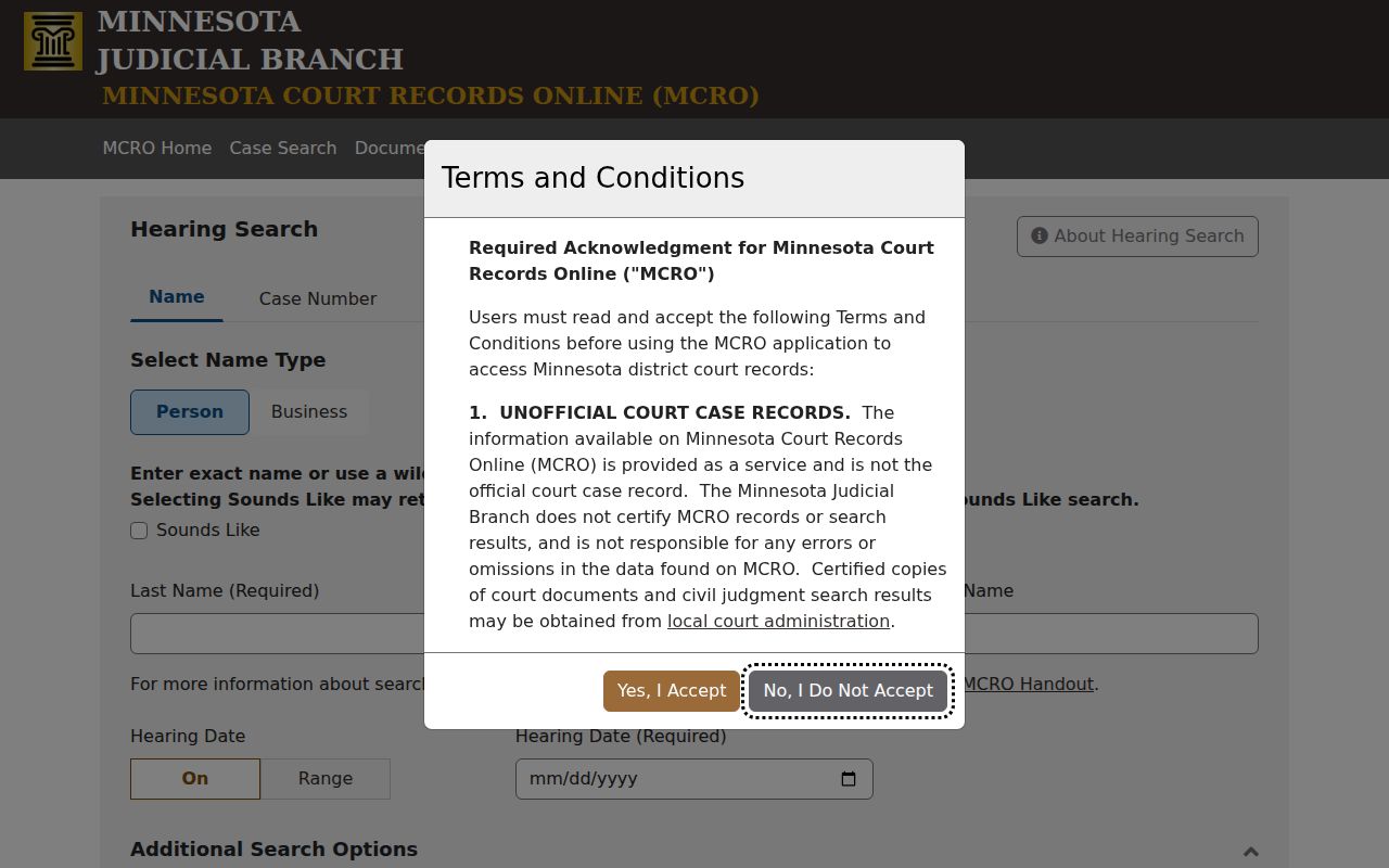 Yellow Medicine County court schedule MCRO Hearing Search interface
