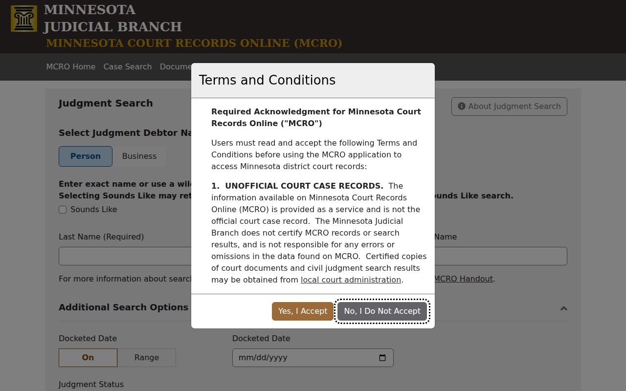 Yellow Medicine County civil court dockets MCRO Judgment Search