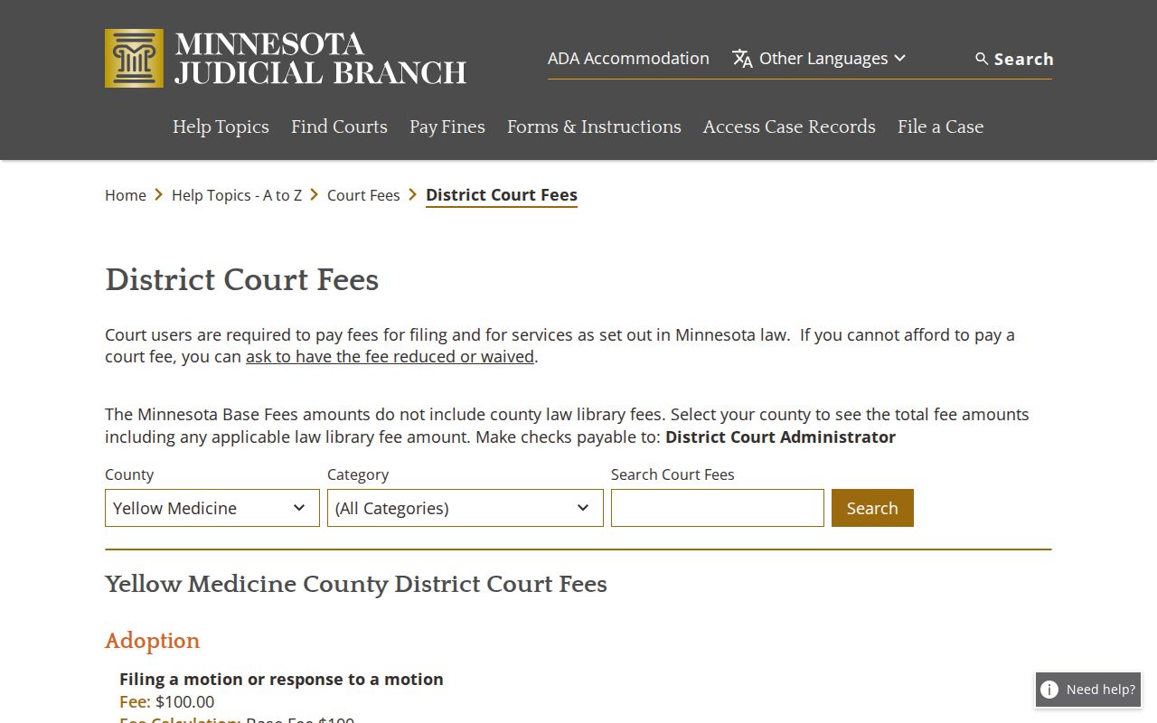 Yellow Medicine County civil court dockets district court fee information