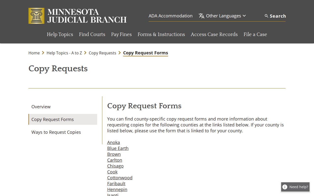 Yellow Medicine County civil court dockets copy request forms information