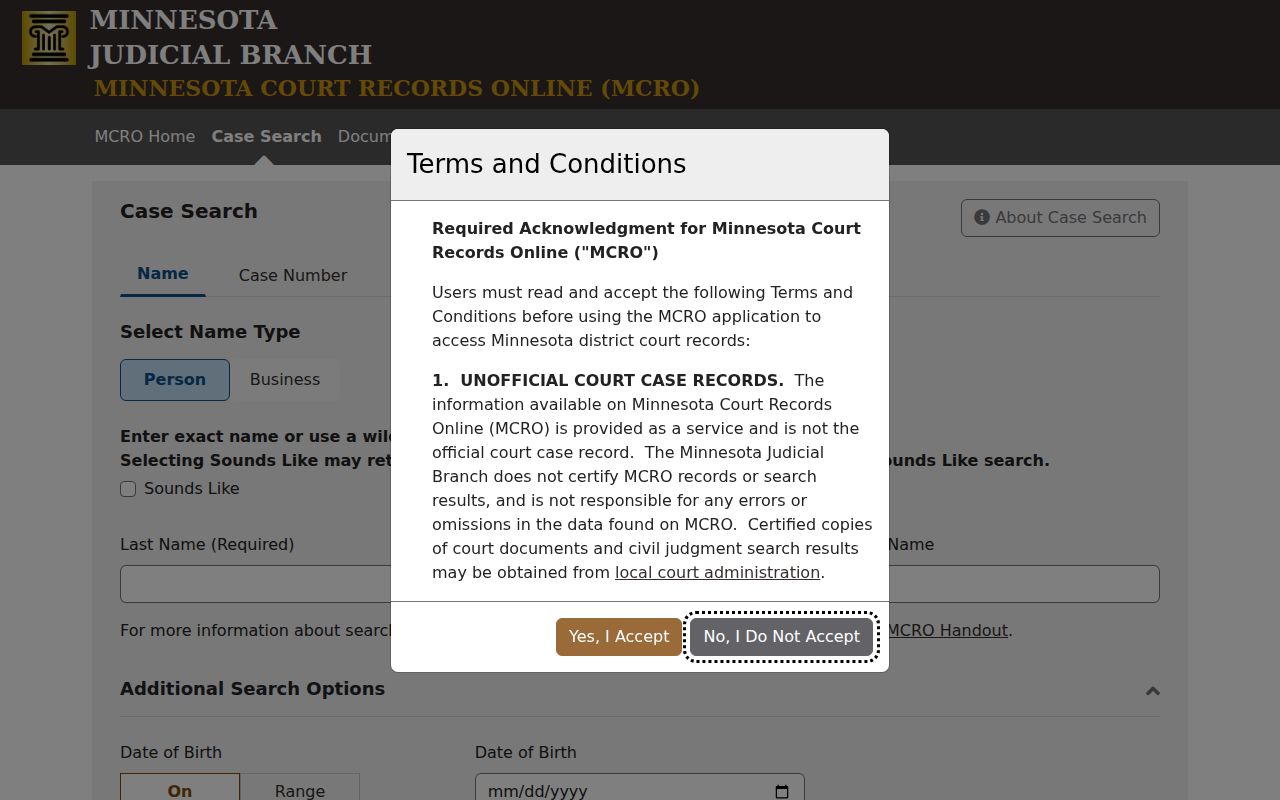 Yellow Medicine County criminal court dockets MCRO Case Search interface