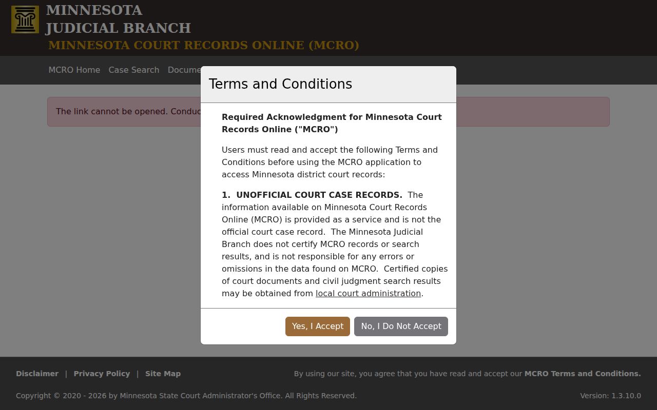 Yellow Medicine County criminal court dockets MCRO Case Details route