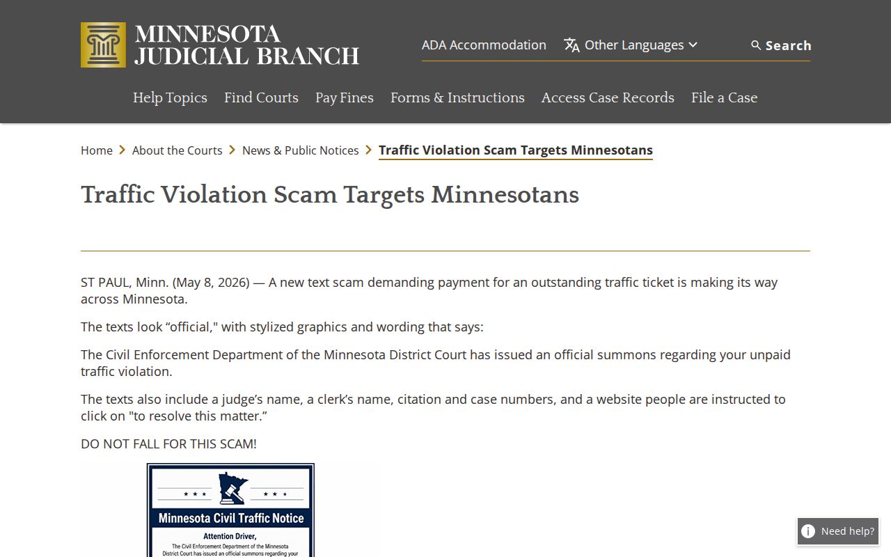 Yellow Medicine County traffic court payment scam alert